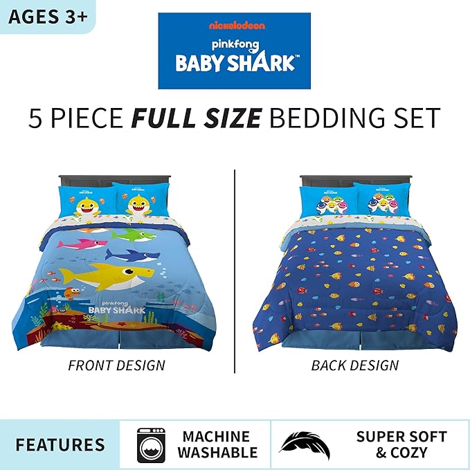 Franco Kids Bedding Super Soft Comforter and Sheet Set, 5 Piece Full Size, Baby Shark - LeafyLoom