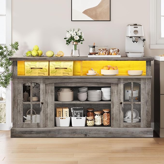 YITAHOME Sideboard Buffet Cabinet, 58'' Large Coffee Bar Cabinet with LED Light & Power Outlet, Farmhouse Storage Cabinets with Adjustable Shelves and Glass Doors for Kitchen, Living Room, Rustic Grey - LeafyLoom