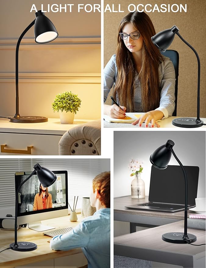 Desk Lamp with USB Charging Port Table Lamp Wireless Charger Dimmable Dorm Lamp 5 Colors 7 Brightness Levels Touch Bedside Table Lamps Gooseneck Reading Light for Home Office - LeafyLoom