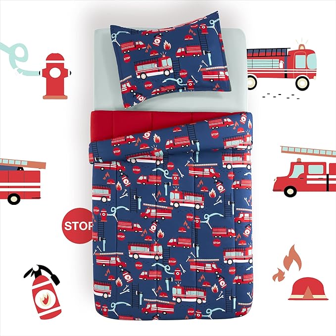 SLEEP ZONE Kids Bedding Twin Comforter Set - Super Soft & Cute Printed 2-Piece Comforter Set All Seasons for Boys, Girls, Fade Resistant, Machine Washable, Fire Truck - LeafyLoom