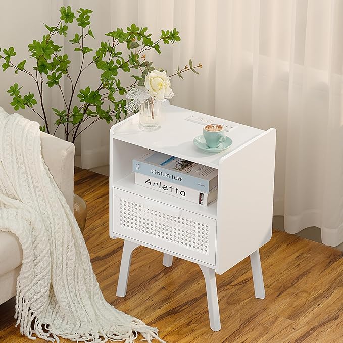 Lerliuo Rattan Nightstands set of 2 with Charging Station, Side Table with Drawer Open Shelf, Cane Accent Bedside End Table with Solid Wood Legs, Night Stand for Bedroom, Dorm and Small Spaces (White) - LeafyLoom