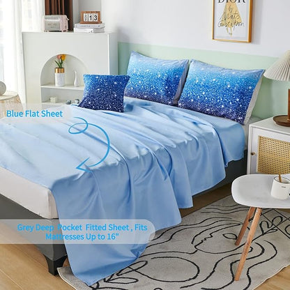 RYNGHIPY 6Pcs Gradient Aqua Blue Navy Ombre Comforter Sets with Sheets Pillowcases, Queen Size Sparkle Glitter Design Comforter Bedding Collections for Kids Boys and Girls - LeafyLoom