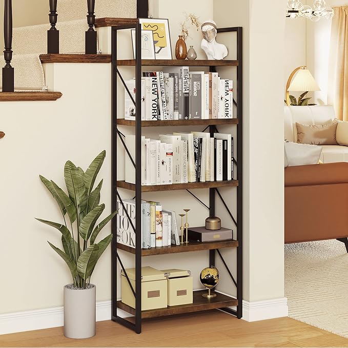 YITAHOME 5-Tier Bookshelf, Freestanding Book Shelf, Industrial Minimalist Open Display Storage Book Shelves Standing Shelving Unit for Living Room Bedroom Home Office, Rustic Brown - LeafyLoom