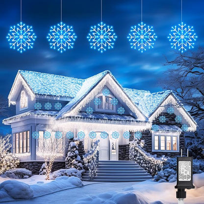 Christmas Snowflake Icicle Lights Outdoor - Plug-in 10.5ft 5 Drops 240LED Snowflake Window Lights with 8 Modes, Hanging Lights for Indoor Outdoor Porch Eaves Rooftops Christmas Decor, Blue and White Brightown