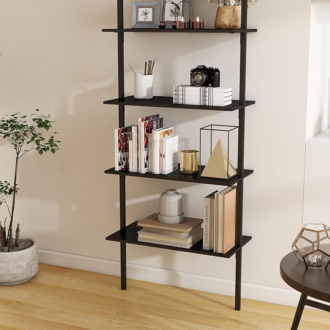 Panana 6 Tier Tall Modern Bookshelf, Industrial Ladder Shelf Open Space Wall Mount Bookshelf with Metal Frame Sturdy Bookcase for Living Room (Black, 6-Tier) - LeafyLoom