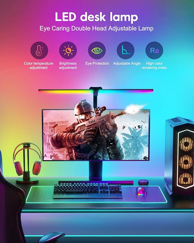 Brightown LED Desk Lamp with Clamp for Home Office, Double Head Color Changing Desk Lights with Remote, 24W Ultra Bright Multicolor Table Lamp with Rotatable Swing Arms for Gaming Computer, RGB Mode - LeafyLoom