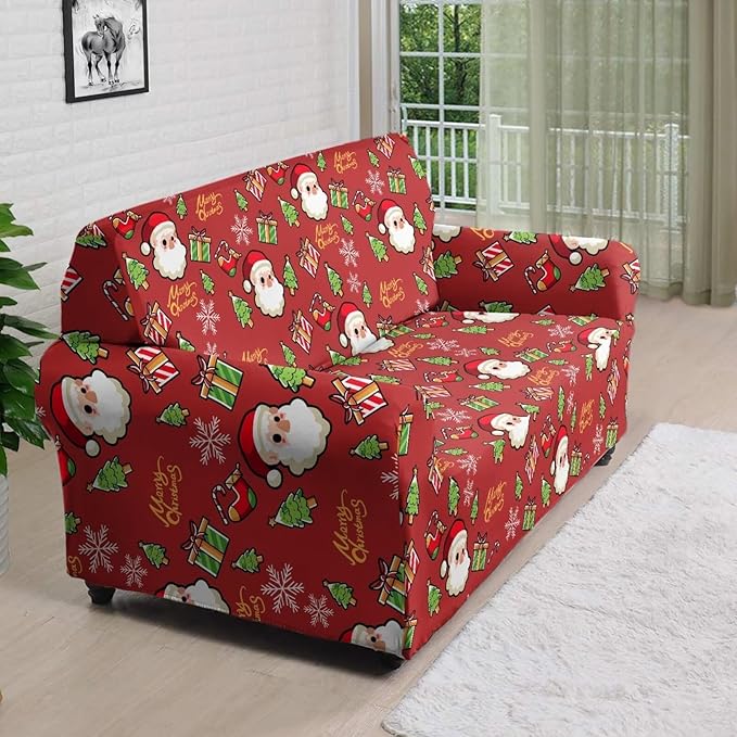 FKELYI Christmas Decor Red Sofa Slipcover for Living Room Santa Claus Sofa Couch Cover with Elastic Bottom Non-Slip Furniture Protector L FKELYI