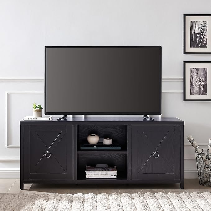 Henn&Hart Rectangular TV Stand for TV's up to 65" in Black, Electric Fireplace TV Stands for the Living Room - LeafyLoom