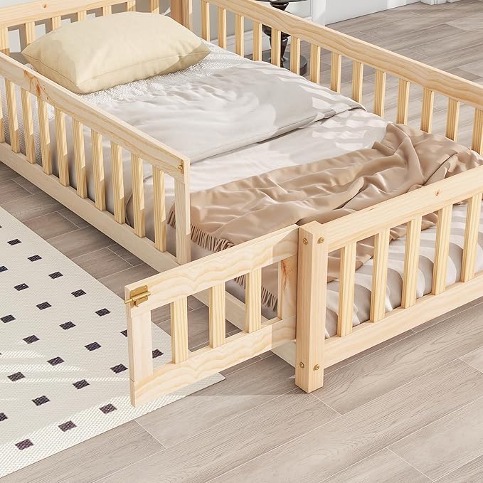 Twin Size Kids Montessori Floor Bed,House-Shaped Headboard Floor Bed for Kids,Floor Bed with Fence and Door,House Bed Twin Frame for Girls,Boys(Twin,Natural) - LeafyLoom