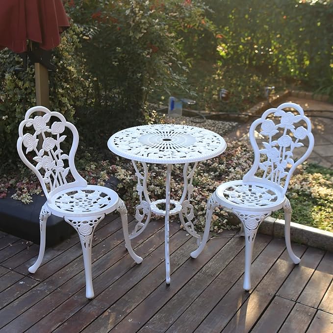 3 Piece Bistro Set,Outdoor Patio Set,Anti-Rust Cast Aluminum Bistro Table Set for Park Yard Front Porch Furniture(White) - LeafyLoom