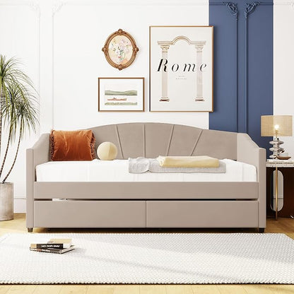 Twin Size Upholstered Daybed with Two Drawers, Wood Slat Support Sofa Bed with Armrest, No Box Spring Needed, Easy to Assemble, for Studio, Bedroom, Living, Guest Room, Beige - LeafyLoom