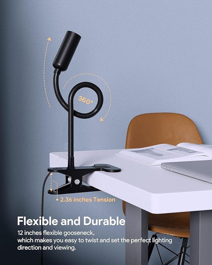 JHD Led Desk Lamp with Clamp - 10 Brightness Levels, 12" Flexible Gooseneck,USB Lamp - Suitable for Home Office, Reading, Bed Light,Quality Black Metal Clamp Light（includes charger adapter） - LeafyLoom