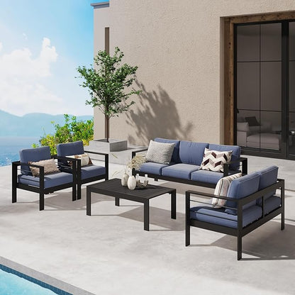 Wisteria Lane Aluminum Outdoor Patio Furniture Set, Modern Patio Conversation Sets, Outdoor Sectional Metal Sofa with 5 Inch Cushion and Coffee Table for Balcony, Garden, Black Frame and Blue Cushion - LeafyLoom