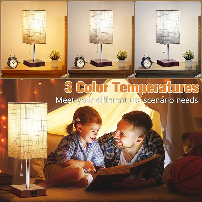 Bedside Table Lamp for Bedroom Nightstand, 3 Color Pull Chain Nightstand Lamps Set of 2 with AC Outlets, Square Gray Lampshade Bedside Lamp for Living Room, Office Desk, LED Bulb Included - LeafyLoom