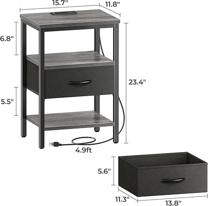 SUPERJARE Nightstand with Charging Station, Bed Side Table with Adjustable Fabric Drawer, Night Stand for Bedroom, 3-Tier Storage End Table, for Living Room, Charcoal Gray - LeafyLoom