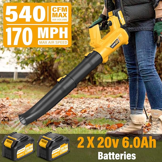 Cordless Leaf Blower - 540CFM Brushless Electric Leaf Blower Cordless with 2 * 6.0Ah Batteries and Charger -6 Speed Mode -20V Battery Powered Leaf Blowers for Lawn Care, Patio, Blowing Leaves - LeafyLoom