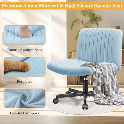 Armless Office Chair with Wheels, Wide Seat Fabric Desk Chair, Height Adjustable Cross Legged Computer Chair for Home Office, Swivel Modern Accent Chair Light Blue - LeafyLoom