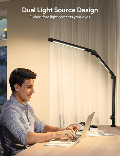 MediAcous LED Desk Lamp with Clamp, Dual Light Desk Lamp with Swing Arm, 4 Color Modes & 4 Brightness Metal Table Lamp, Eye-Caring Clip-on Lamp with Memory Function for Home Office Work Study - LeafyLoom