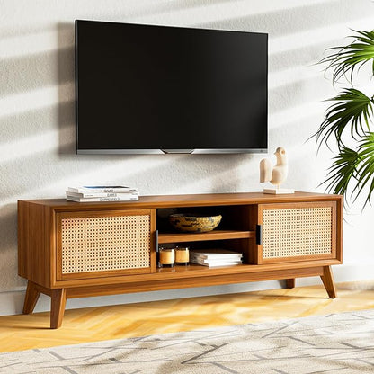 Bme Jasper Premium Solid Wood, 10 Minutes Assembly (Legs Only), Aesthetic Rattan Doors, Mid Century Entertainment Center for Living Room, TV Stand for 65" TV, Dark Chocolate - LeafyLoom