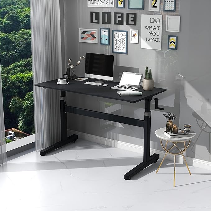 Manual Standing Desk Adjustable Height- Crank Mobile Standing Desk 48 x 24 Inches Sit Stand Desk Frame & Top, Stand Up Desk on Wheels, Computer Desk Black Frame & Black - LeafyLoom