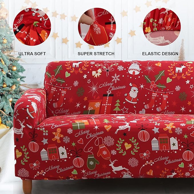 Mybedsoul Christmas Printed Sofa Cover Santa Claus Elastic Couch Cover Machine Washable Christmas Theme Red Sofa Slipcover for Living Room(3 Seater) Mybedsoul