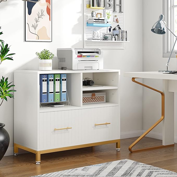 White Lateral File Cabinet with Drawer, 35.4" Modern Filing Cabinet with Adjustable Hanging Rod for Legal/Letter/A4 Size Files, Wood Printer Stand with Open Storage Spaces for Home Office - LeafyLoom