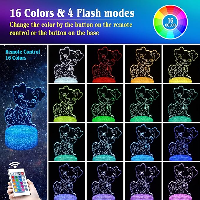 Dog Night Light 3D Illusion Lamp Kids Bedside Lamp 16 Color Change Decor Lamp with Remote & Smart Touch, Gifts for Christmas Birthday Boys Men Girls - LeafyLoom