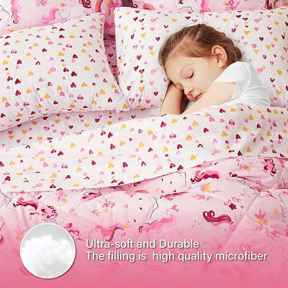 Twin Unicorn Kids Bedding Set for Girls, 5 Pieces Super Soft Lightweight Microfiber Comforter Set with Sheets, Bed in a Bag, Durable Children Bed Set - LeafyLoom