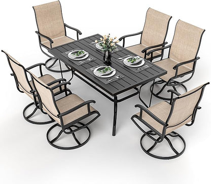 Pamapic 7 Pieces Patio Dining Set, Outdoor Dining Set for Garden Backyard Poolside Deck,Outdoor Table and Chairs Set with 6 Textilene Swivel Chairs,Beige - LeafyLoom