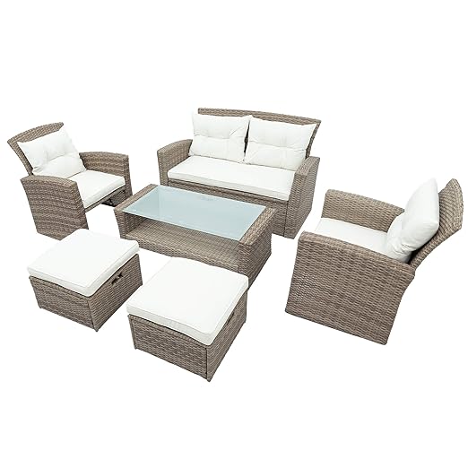 Set, 4 Piece Outdoor Wicker Rattan Sectional Sofa with Glass Table, Ottoman and Soft Cushions, Front Porch Apartment Patio Furniture for Backyard Lawn Garden, E-Beige b - LeafyLoom