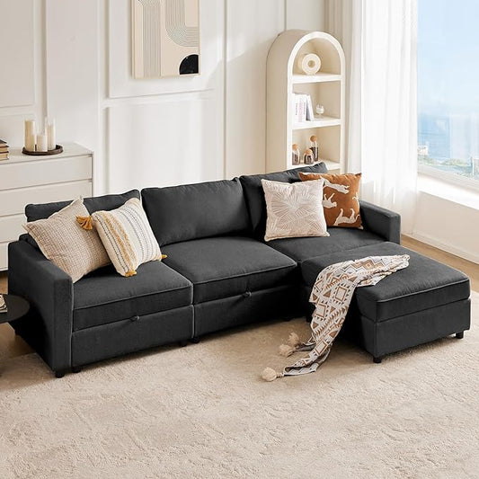 Sweetcrispy Convertible Sectional Sofa Couch, 4 Seat Sofa Set with Storage for Living Room, L-Shaped Modern Modular Sofa Sleeper with Ottoman, Comfy Sofa Couch with Extra Deep Seats, Grey - LeafyLoom