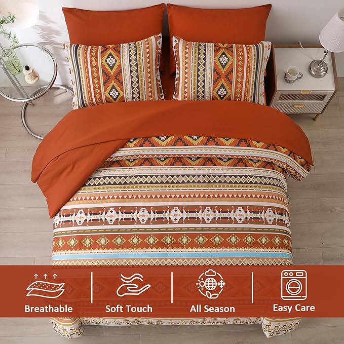 Dinjoy Queen Size Comforter Set Boho,Burn Orange Bed in a Bag Queen Striped Bedding Sets Terracotta Western Comforters with Sheets 7 Pieces Complete Set Aztec for All Seasons 90"x90" - LeafyLoom