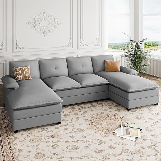 Shintenchi 110" Modular Sectional Couches for Living Room, U-Shaped Sofa Couch with Double Chaise, 4 Seat Sofa Sets with Thick Cushion & Soft Backrest, Light Grey - LeafyLoom