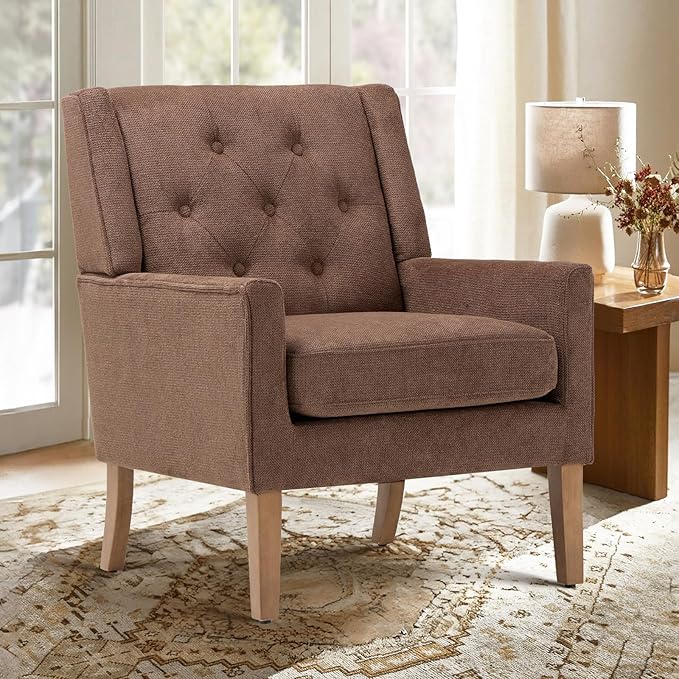 COLAMY Mid-Century Accent Chairs, Modern Wingback Living Room Chair, Upholstered Armchair with Button Tufted Back and Wood Legs for Bedroom/Office/Reading Spaces, Brown - LeafyLoom