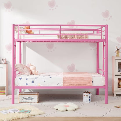 VECELO Metal Bunk Bed Twin Over Twin, Industrial Bunkbeds with Ladder and Full-Length Guardrail, Noise Free, No Boxing Spring Needed, Pink - LeafyLoom