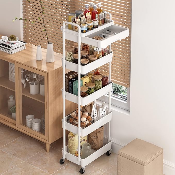 5-Tier Rolling Utility Cart，Trolley with Drawer, Multifunctional Storage Organizer with Plastic Shelf & Metal Wheels, Storage Cart for Living Room, Kitchen, Office, Bathroom, White - LeafyLoom