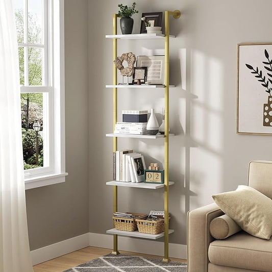 Axeman 5-Tier Ladder Bookcase, Tall Narrow Bookshelf for Small Spaces, Modern Book Storage Organizer Case Open Shelves for Living Room, Bedroom，Office, Library, Gold and White - LeafyLoom