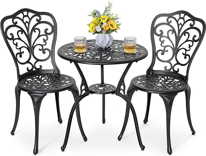 NUU GARDEN 3 Piece Bistro Set Outdoor, All Weather Cast Aluminum Patio Bistro Sets Patio Table and Chairs Set of 2 with Umbrella Hole for Yard, Balcony, Black, Butterfly Backrest - LeafyLoom