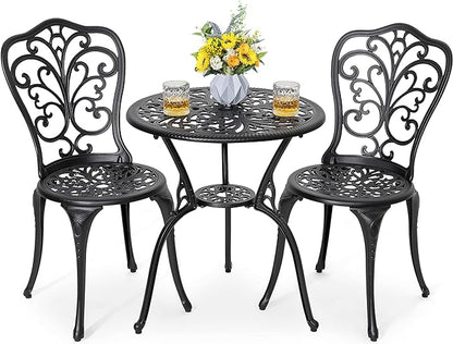 NUU GARDEN 3 Piece Bistro Set Outdoor, All Weather Cast Aluminum Patio Bistro Sets Patio Table and Chairs Set of 2 with Umbrella Hole for Yard, Balcony, Black, Butterfly Backrest - LeafyLoom