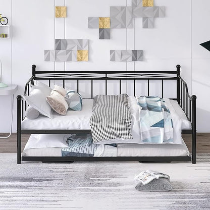 Full Daybed with Trundle Bed Twin, Metal Day Bed Frame with Pop Up Trundle, Metal Sofa Bed with Portable Folding Trundle for Bedroom, Living Room, Guest Room, Home, No Box Spring Needed, Black - LeafyLoom