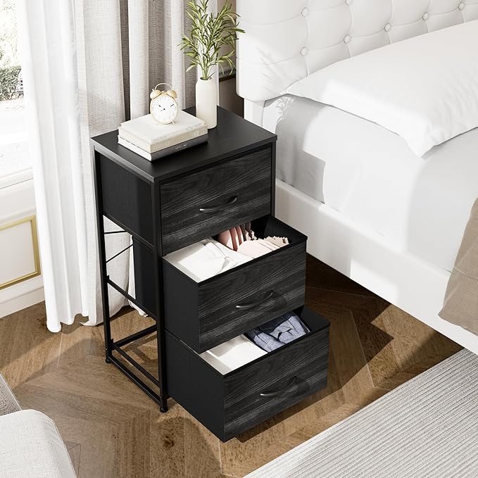 Nicehill Nightstand, Dresser with 3 Drawers, Bedside Table Chest of Drawers, Small Dresser for Bedroom, Kids' Room, Closet, Kids Dresser with Wooden Top Steel Frame, Modern, Black Wood Grain - LeafyLoom