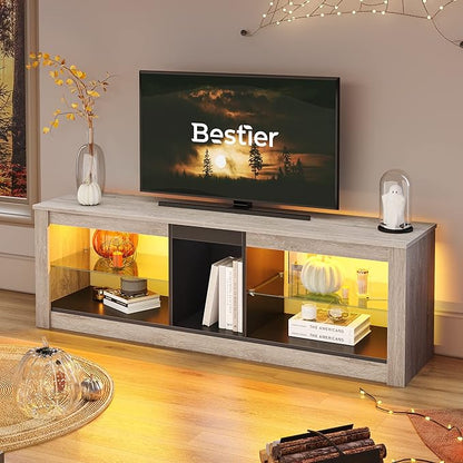 Bestier RGB TV Stand for 65+ Gaming Entertainment Center Gaming LED TV Media Console Table with 2 Glass Shelf PS Gaming TV Cabinet for Living Room,Retro Gray - LeafyLoom