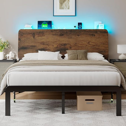 Feonase Full Size Bed Frame with Ergonomic Storage Headboard & Charging Station, LED Platform Bed Frame, Heavy Duty Metal Slats, No Box Spring Needed, Easy Assembly, Rustic - LeafyLoom