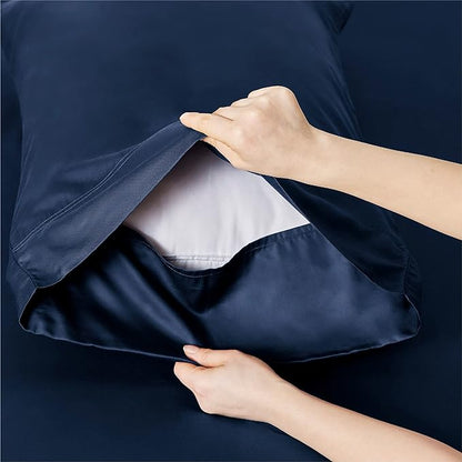 Bedsure Full Size Sheets, Cooling Sheets Full, Rayon Derived from Bamboo, Deep Pocket Up to 16", Breathable & Soft Bed Sheets, Hotel Luxury Silky Bedding Sheets & Pillowcases, Navy - LeafyLoom