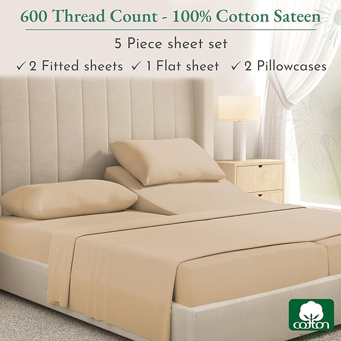 California Design Den 100% Cotton Split King Sheets, 600 Thread Count Sateen, Soft, Cooling Beige Cotton Sheets, Hotel-Quality Bedding Sheets & Pillowcases - Beige - LeafyLoom