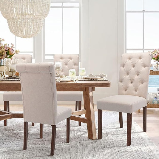 COLAMY Tufted Dining Room Chairs Set of 4, Parsons Diner Chairs Upholstered Fabric Side Kitchen Chairs with Solid Wood Legs and Padded Seat - Beige - LeafyLoom