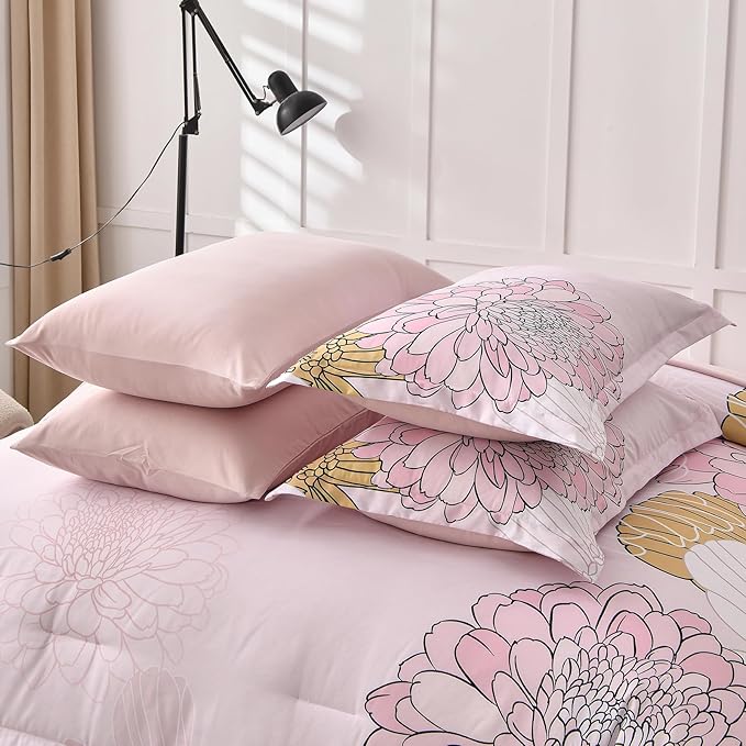 Yiran Bed in a Bag 7 Pieces Pink Colorful Floral Comforter Set Queen Size Soft Microfiber Bedding Set with Comforter,Sheets, Pillowcases & Shams 90"×90" - LeafyLoom