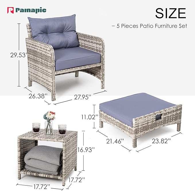 Pamapic 5 Pieces Wicker Patio Furniture Set Outdoor Patio Chairs with Ottomans Conversation Furniture with coffetable for Poorside Garden Balcony(Purple Cushion + Grey Ratten)… - LeafyLoom