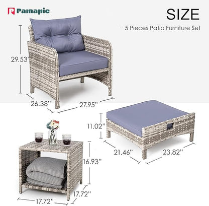 Pamapic 5 Pieces Wicker Patio Furniture Set Outdoor Patio Chairs with Ottomans Conversation Furniture with coffetable for Poorside Garden Balcony(Purple Cushion + Grey Ratten)… - LeafyLoom