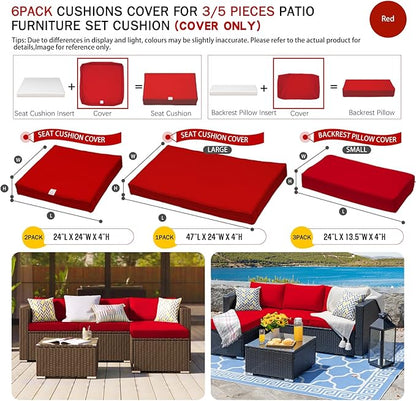 ClawsCover 6Pack Outdoor Seat and Back Cushions Replacement Covers Fit for 3 Pieces 3-Seater Wicker Rattan Patio Furniture Conversation Set Sectional Couch Chair,Red-Include Cover Only - LeafyLoom